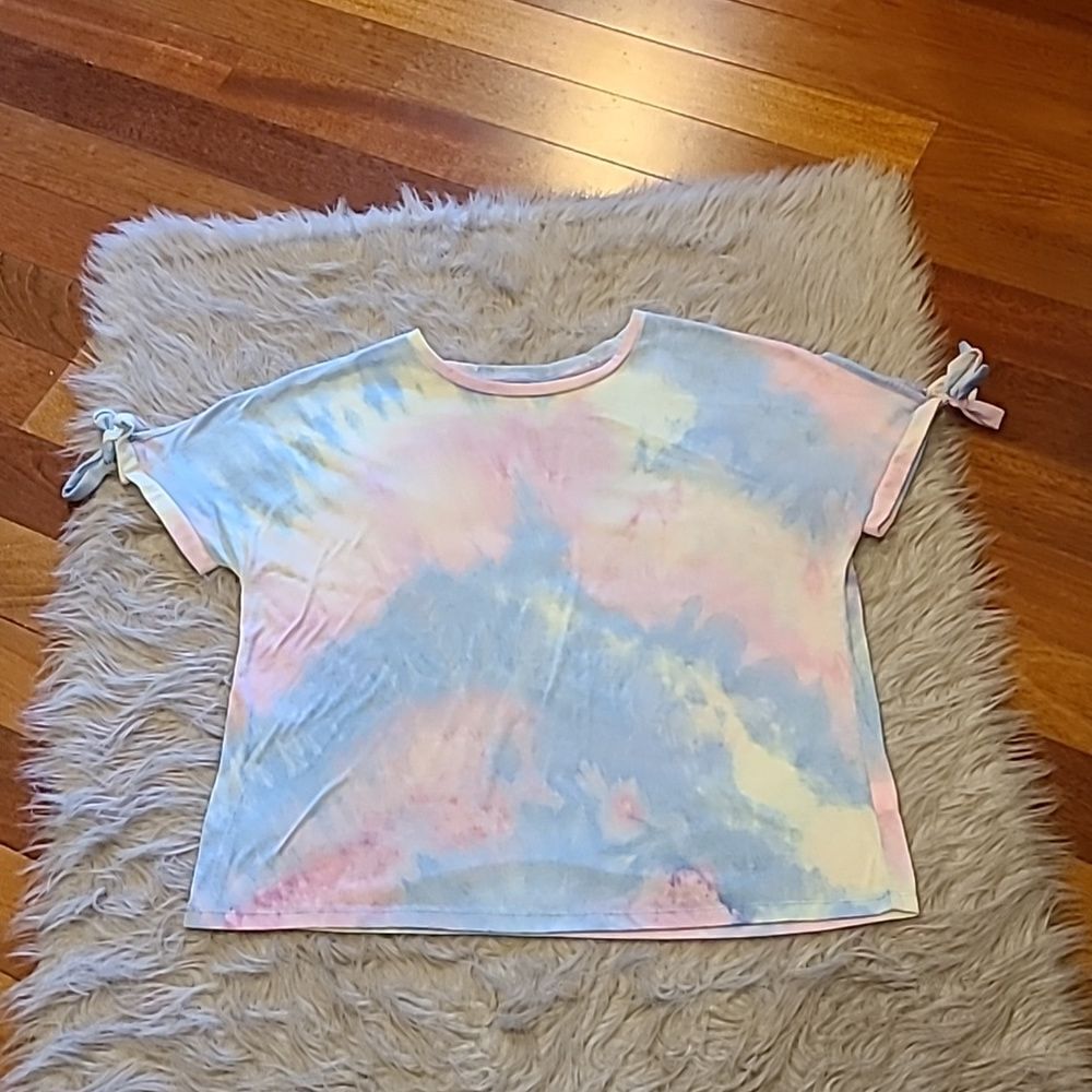 Hayden girls bright pink, yellow and blue tye dye‎ flowy tshirt with tie sleeves